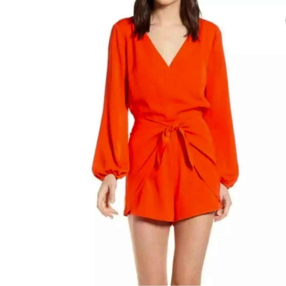 Cupcakes and Cashmere Red Gideon Long Sleeve Satin Romper with Wrap Tie Large